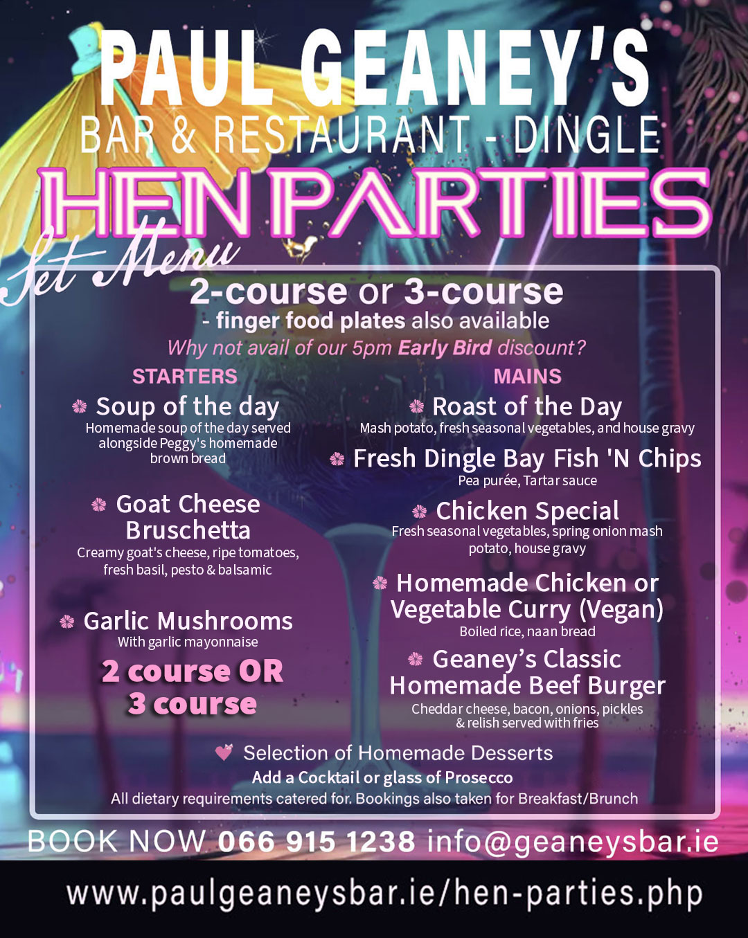 Hen Parties Menu.