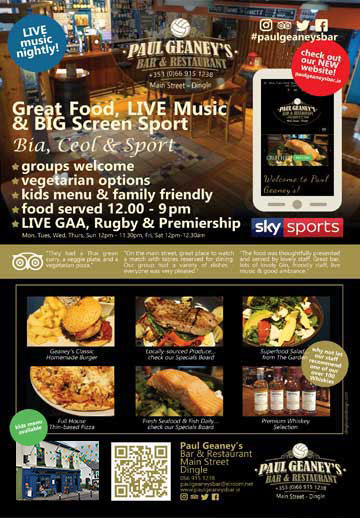 Paul Geaney's Bar & Restaurant Dingle Wild Atlantic Way Food Leaflet
