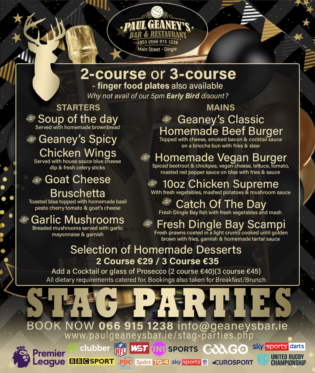 Stag Parties Menu.